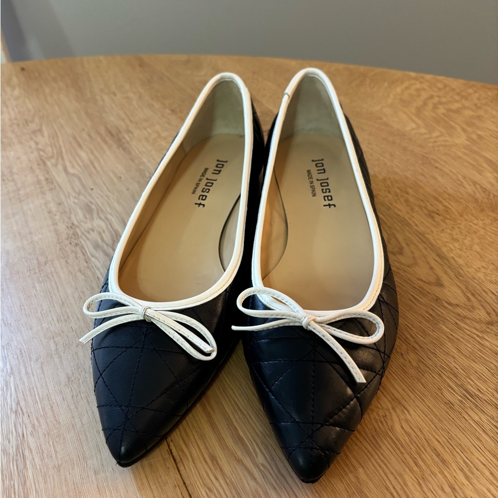 Jon Josef women’s size 6.5 M Navy blue quilted pointed flats with white details
